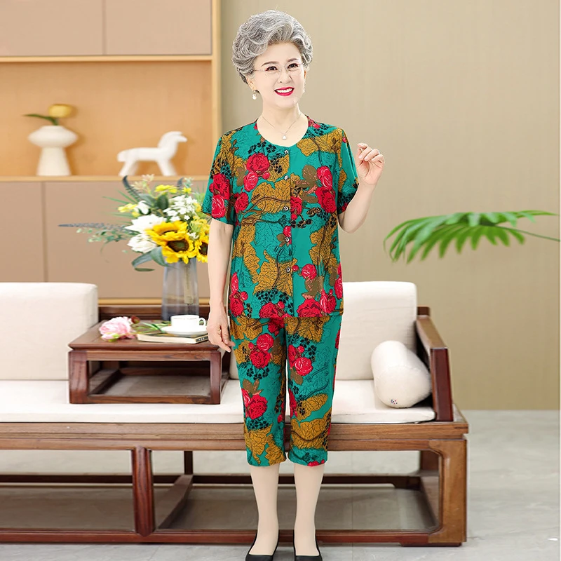 妈妈棉绸睡衣女夏薄款中老年人造绵绸短袖开衫空调家居服套装奶奶