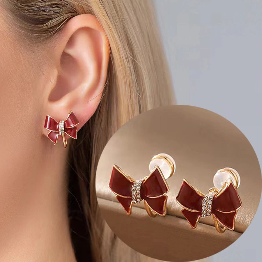 锌合金耳饰 无耳洞耳夹冷淡风网红蝴蝶结酒红高级感气质硅胶耳饰