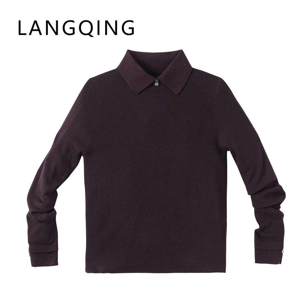 浪清/女装推荐 希尔达酒红色polo领打底衫43306#