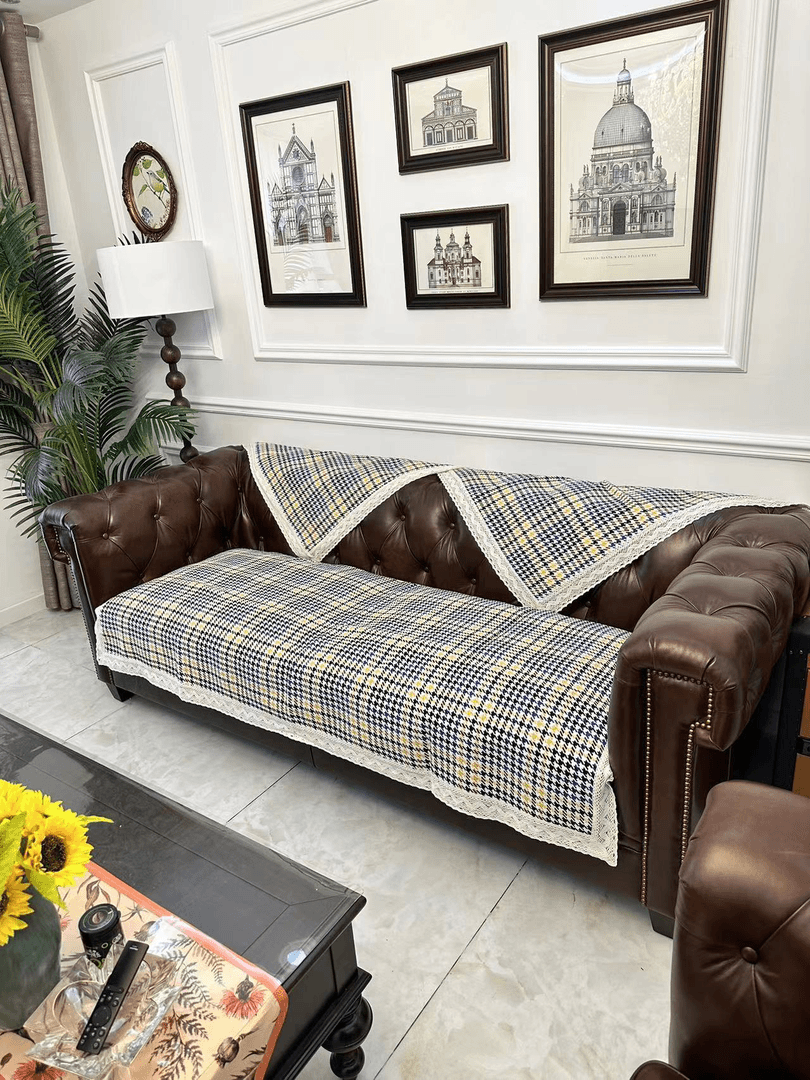 棉麻花边沙发垫90*90微瑕～千鸟格黄