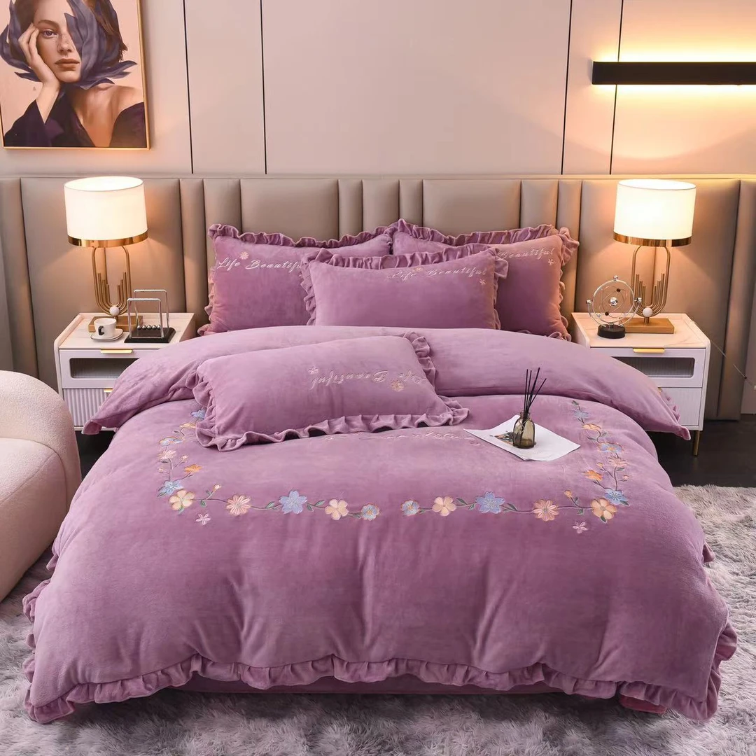 【琰美居】加厚韩版牛奶绒刺绣花边四件套 浪漫花语