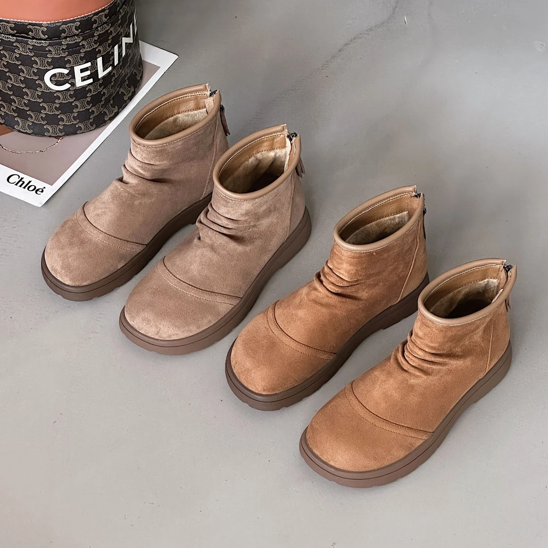 网红百搭复古高级褶皱设计感韩版加绒软底增高显瘦休闲雪地靴