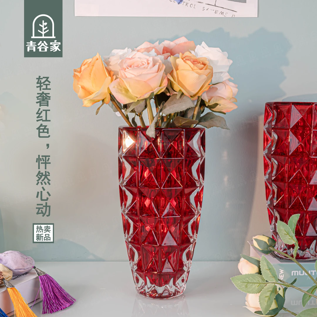 欧式轻奢时尚宝石红色高档琉璃花瓶桌面简约立体花卉装饰花器B957