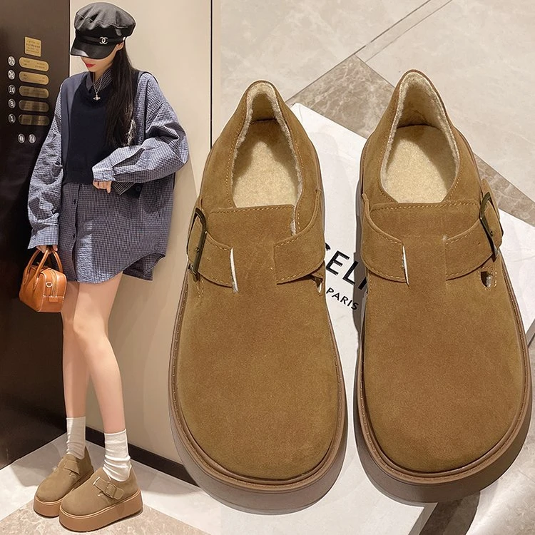 软底勃肯鞋加绒高级感厚底全包2024新款冬季一脚蹬复古磨砂皮勃肯