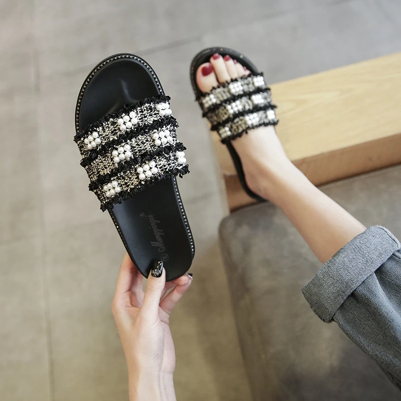 韩版时尚一字拖珍珠编织百搭夏季外穿凉拖鞋防滑软底33-43厚底