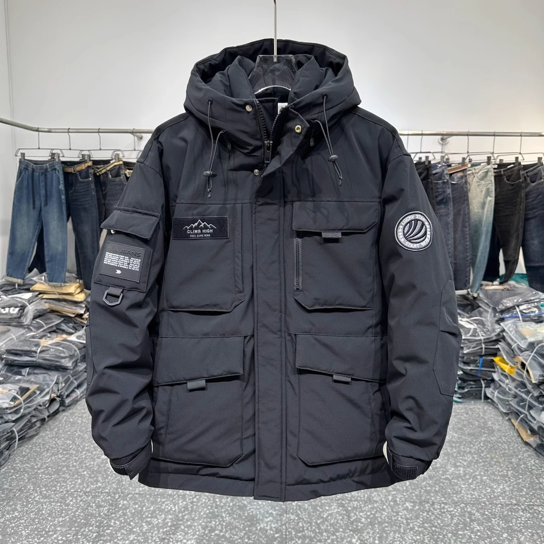 2025冬季新款男潮牌工装连帽羽绒服加厚冲锋衣休闲上衣中长款外套