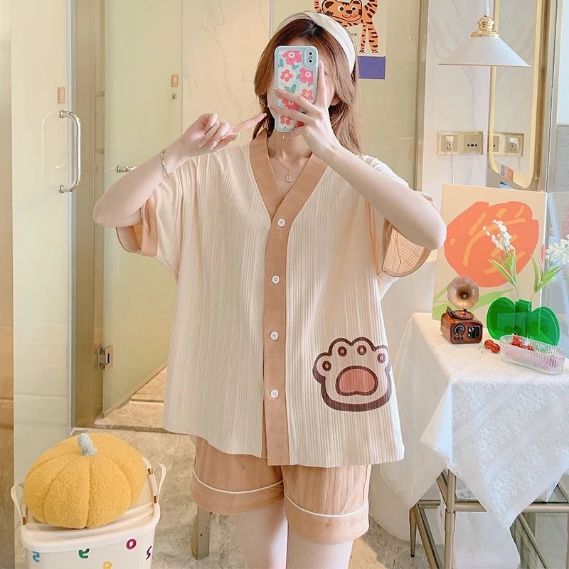 【叶子老爹家居服】85605杏色脚印短袖短裤家居服套装