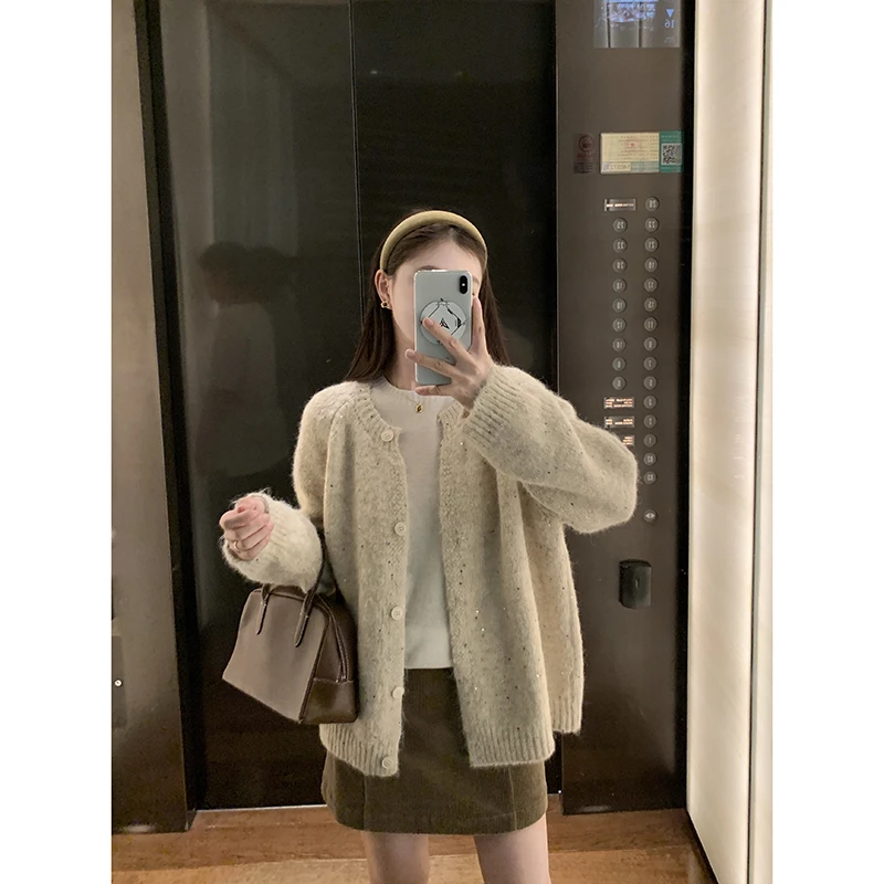 EKOOL 插肩袖v领羊毛针织开衫女秋宽松慵懒毛衣外套Q4092611