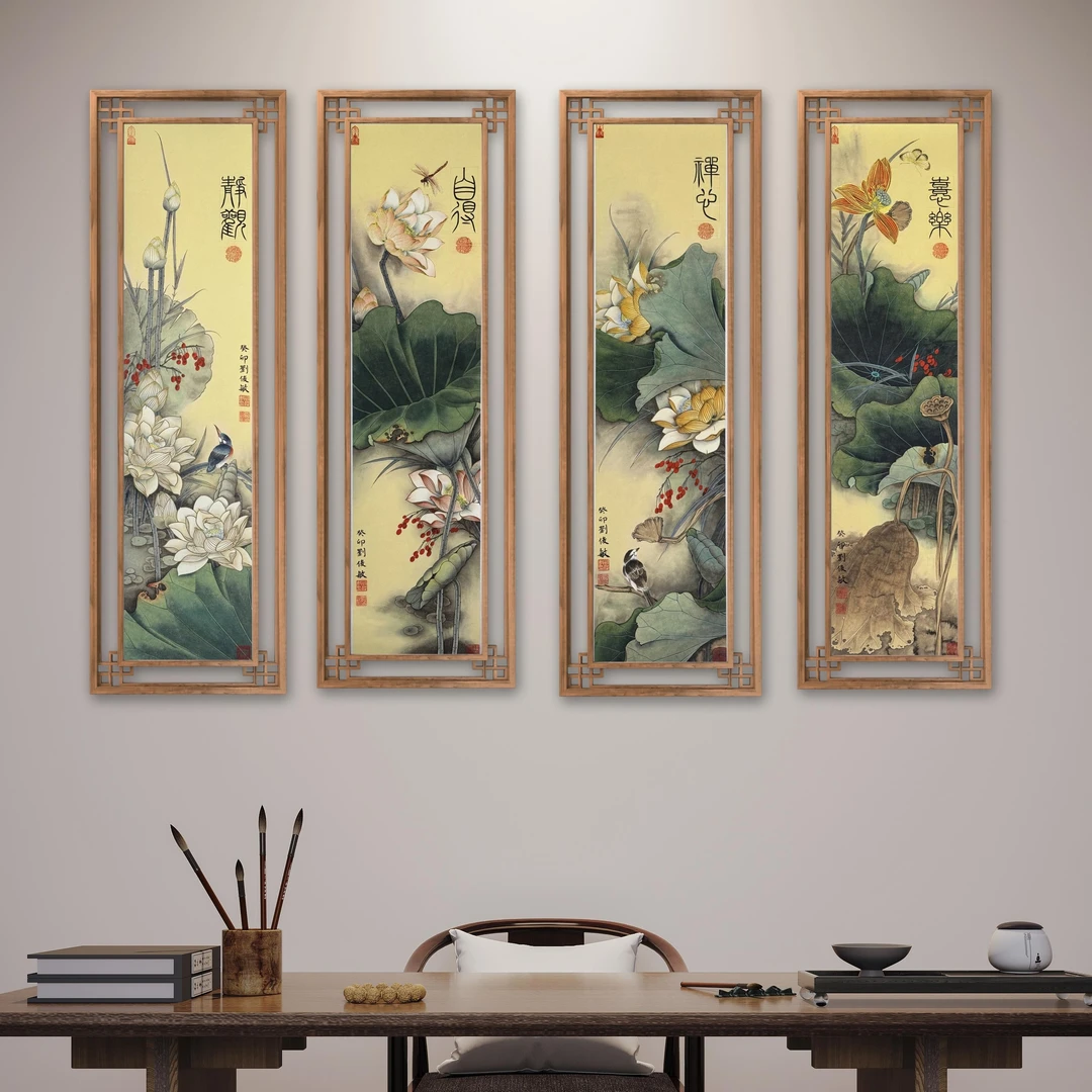 故宫名家刘俊敏作品《世界展会莲花四条屏》