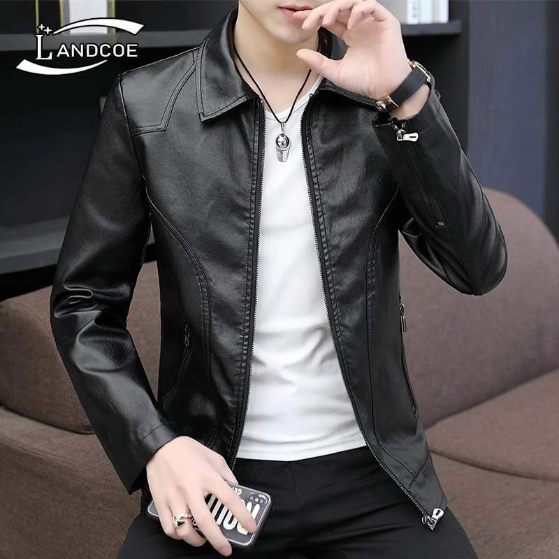 LANDCOE春秋高档皮衣男士翻领夹克外套时尚修身皮夹克青年上衣男