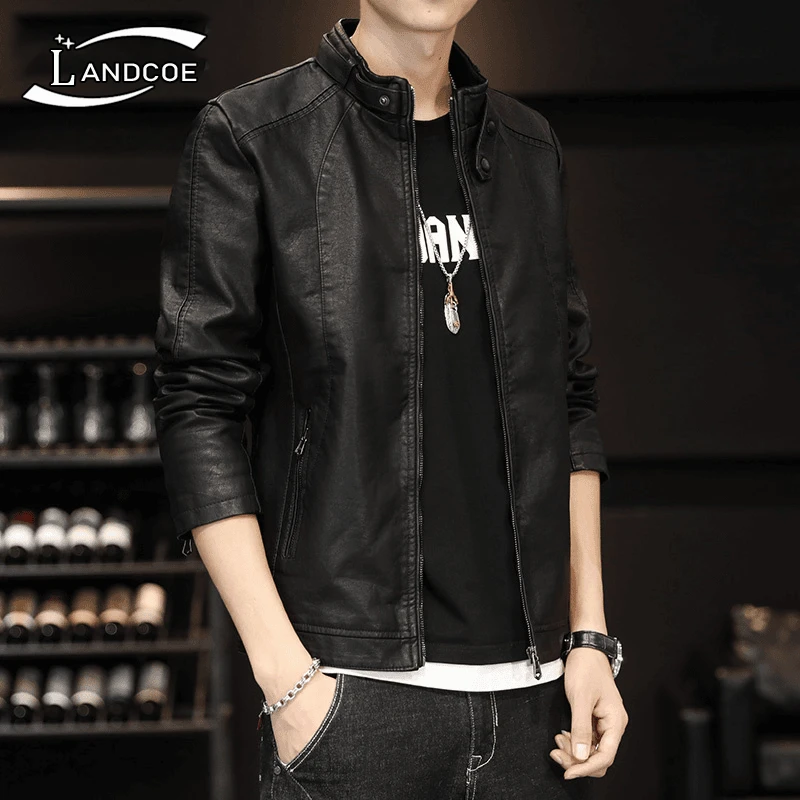 LANDCOE高档春秋季新款潮流海宁皮衣夹克立领机车服外套上衣男装