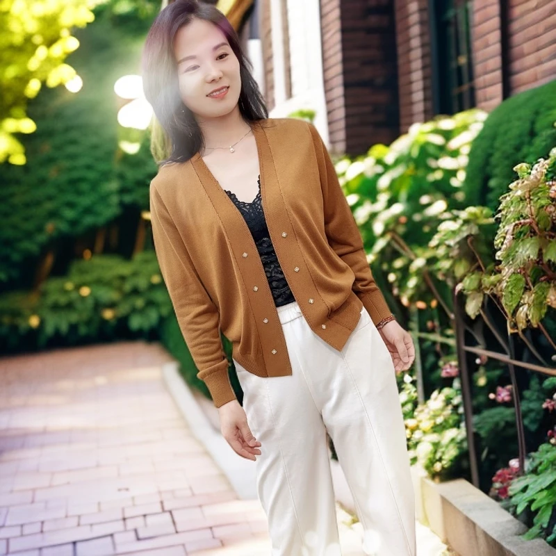 100%莱赛尔纤维（天丝）优雅时尚宽松开衫洋气气质女士长袖针织衫