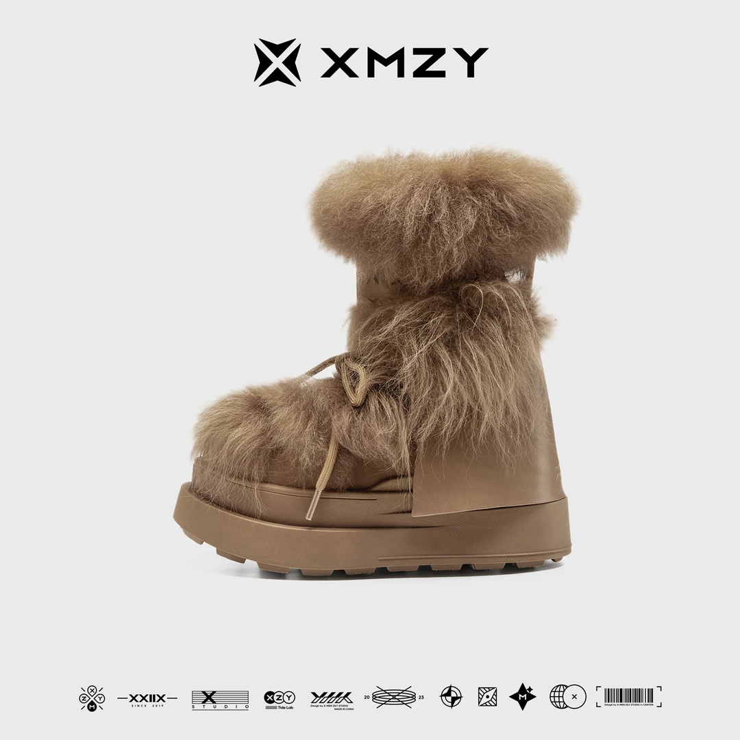 XMZY【初雪】2025冬新款时尚狐狸毛设计感纯羊毛保暖厚底雪地靴女