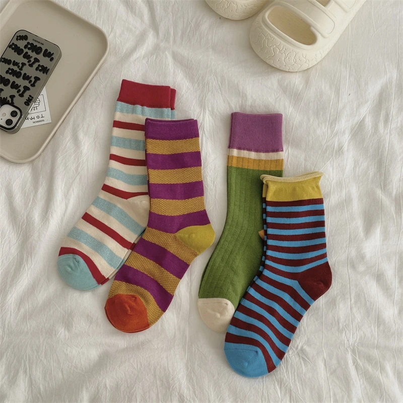 秋冬ins条纹拼色袜中筒袜网红同款卷边时尚韩版百搭袜男女