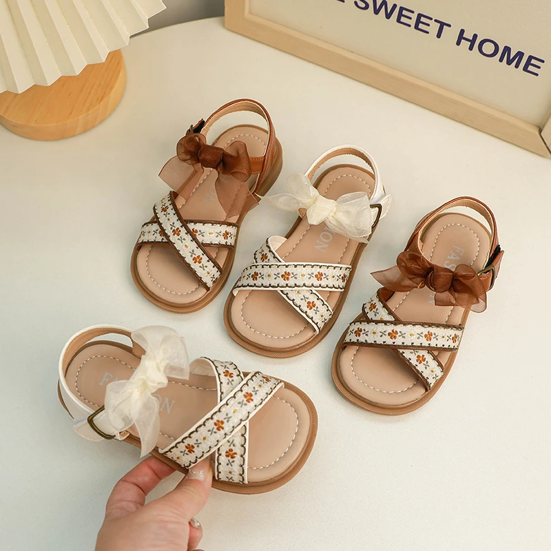 女童凉鞋2024夏季新款软底童鞋公主鞋韩版蝴蝶结儿童露趾沙滩鞋