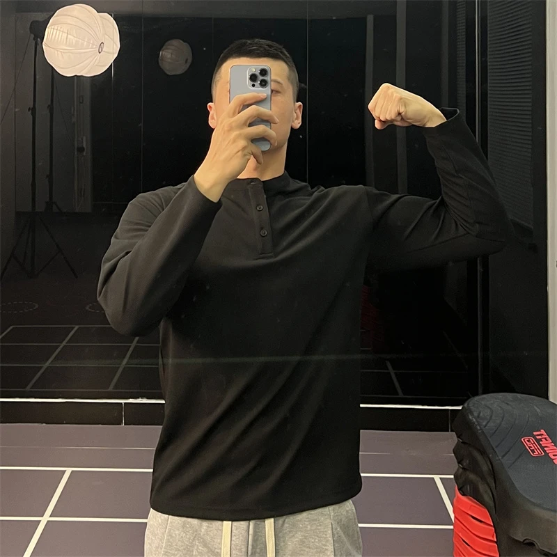 irontrap垂感亨利领polo衫运动长袖T恤健身衣服男新款打底衫秋冬