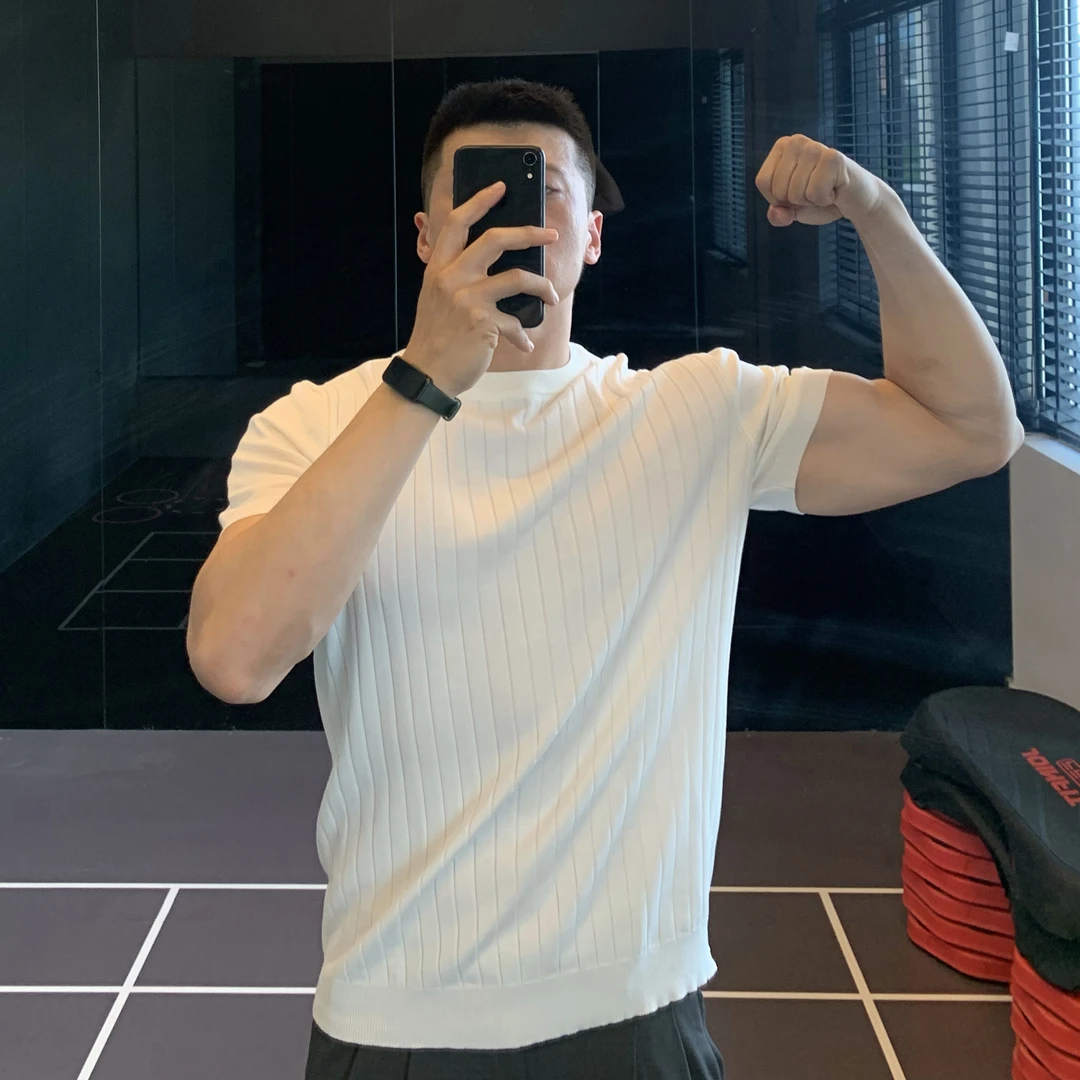 irontrap竖条纹圆领针织短袖男士透气速干T恤夏季运动健身打底衫