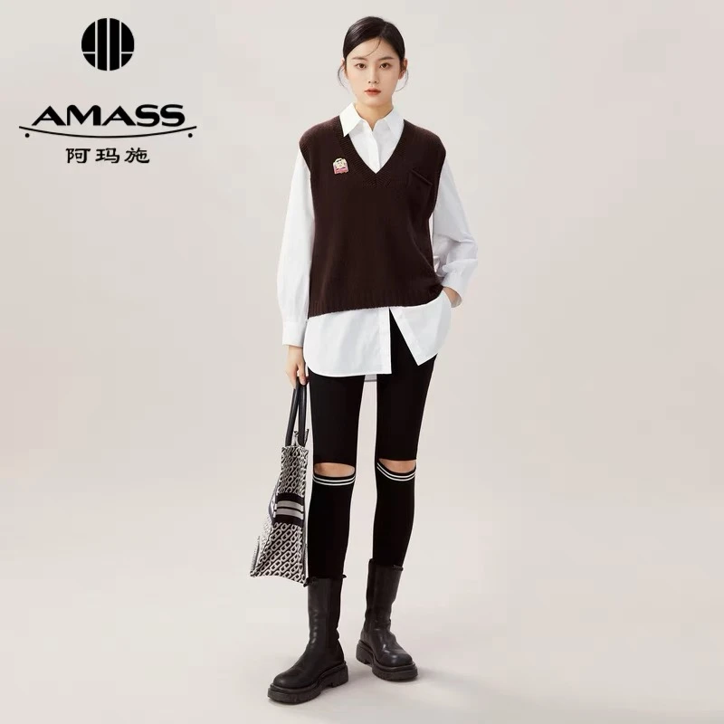 阿玛施/AMASS显瘦中腰时尚休闲百搭黑色外穿弹力笑脸裤5100296