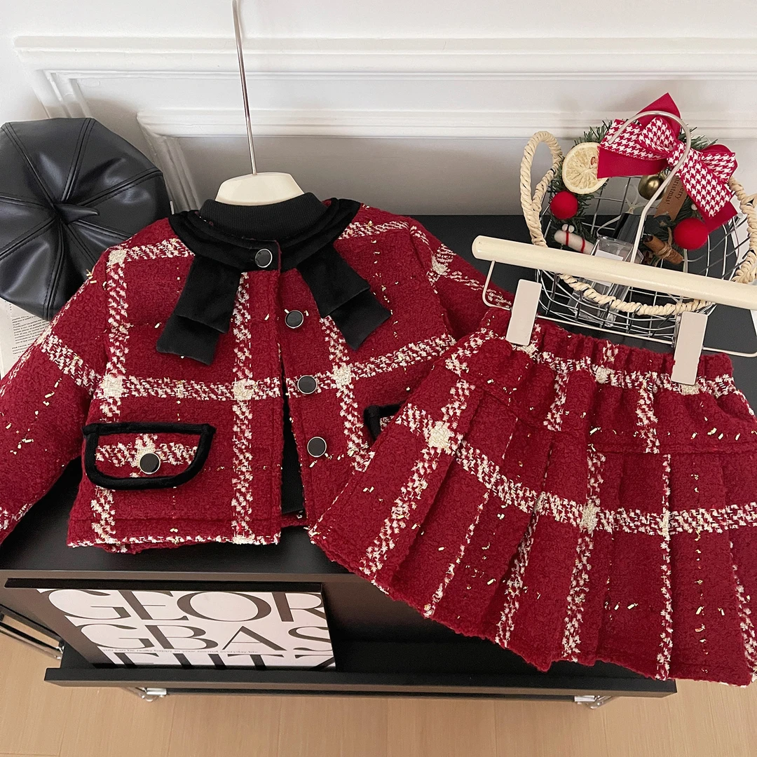 【圣诞】女童小香风套装加厚拜年服红色新年装两件套68226