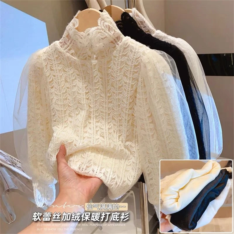2023新款冬装法式蕾丝半高领泡泡袖加绒保暖女童打底衫百搭36031