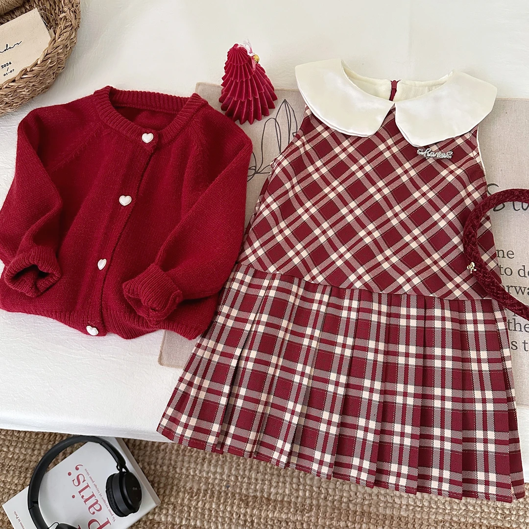【草莓甜心】女童冬季加厚裙子洋气格子连衣裙女宝毛衣套装X24144