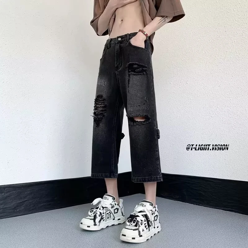 165青春流行新款夏季潮男宽松直筒百搭七分裤潮流日系慵懒牛仔裤