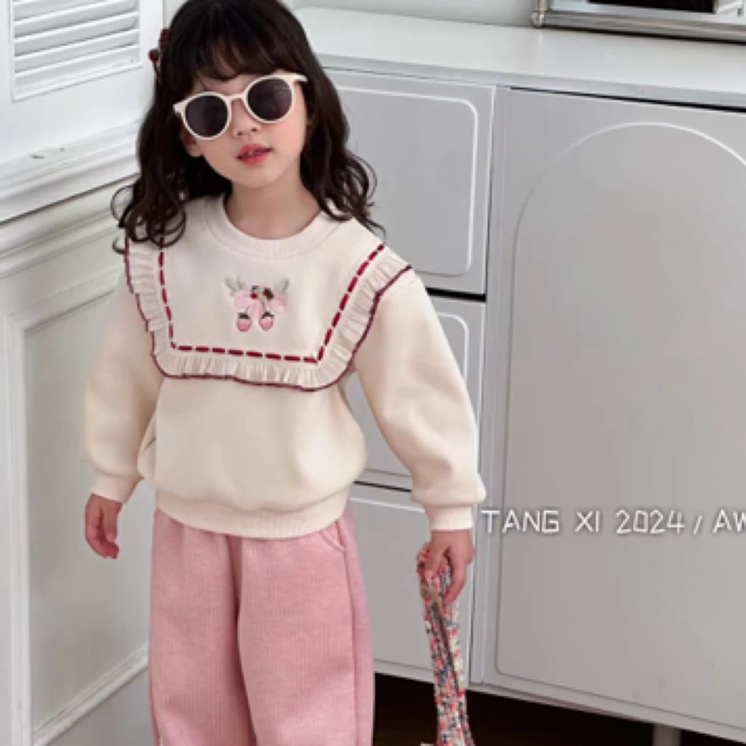2024冬季新款女童韩版加绒卫衣时尚洋气网红中小童长袖休闲上衣