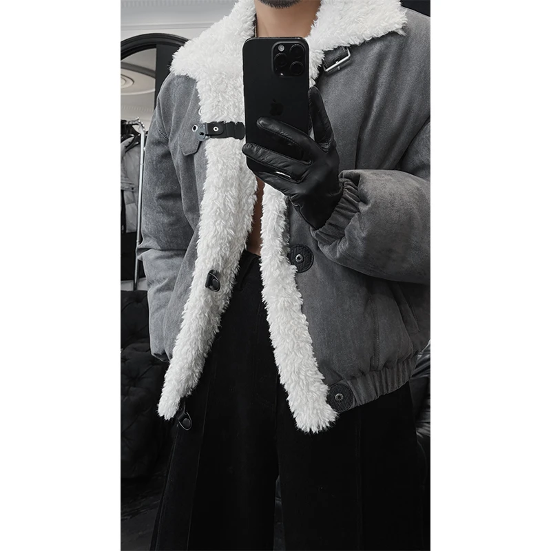 龙叨叨秋冬新款潮流复古麂皮领扣保暖百搭毛领棉衣夹克外套