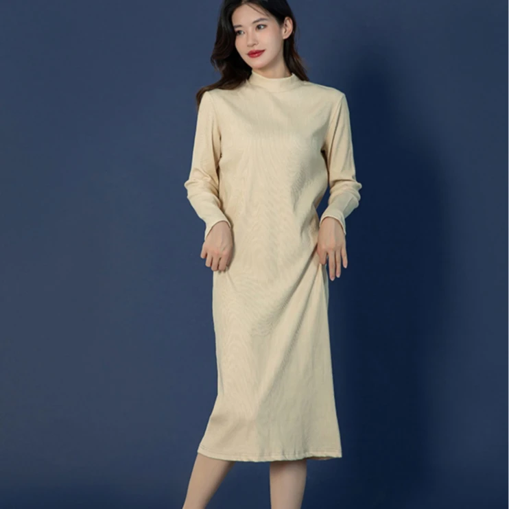 米色睡裙女秋冬季新款米白长袖睡衣亲肤棉质秋款秋装简约