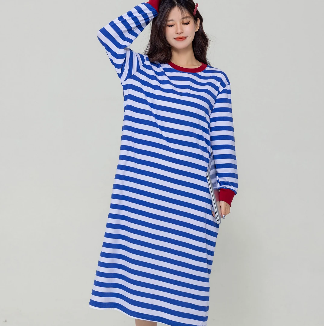 微辣蓝色条纹睡裙女春季长款长袖大码宽松秋天女士睡衣过膝秋冬款