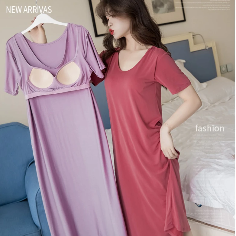 带胸垫可外出睡衣女夏季大码长款过膝短袖夏天睡裙家居服成人简约