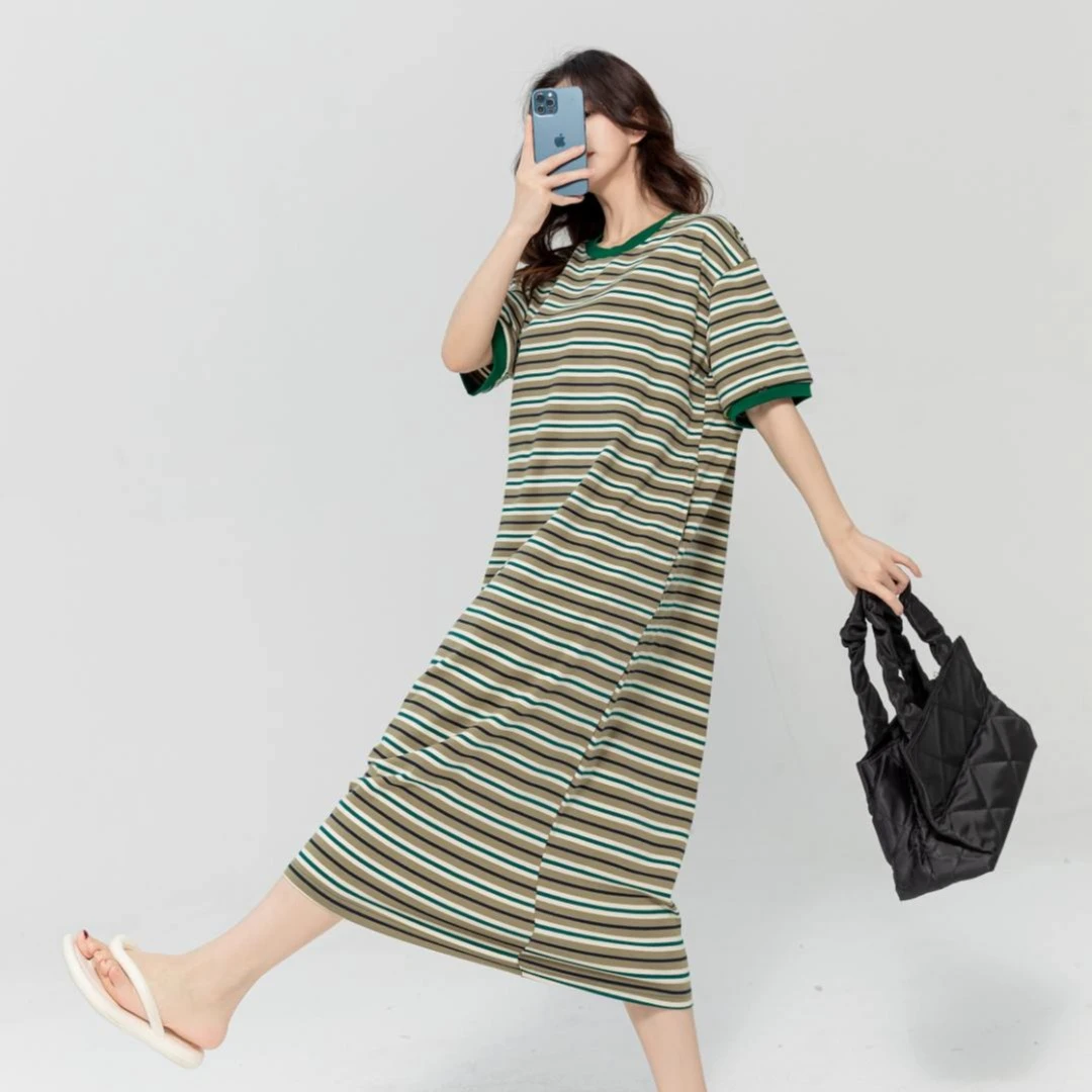 条纹棉睡裙女夏季薄款短袖睡衣过膝女款大码宽松可外穿夏款家居服
