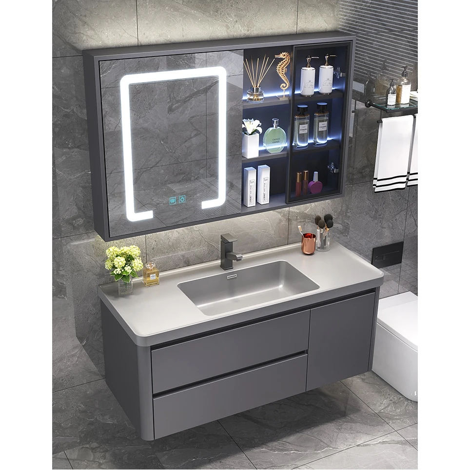 微晶石一体高端无缝卫生间洗漱台柜浴室柜组合实木免漆（包安装）