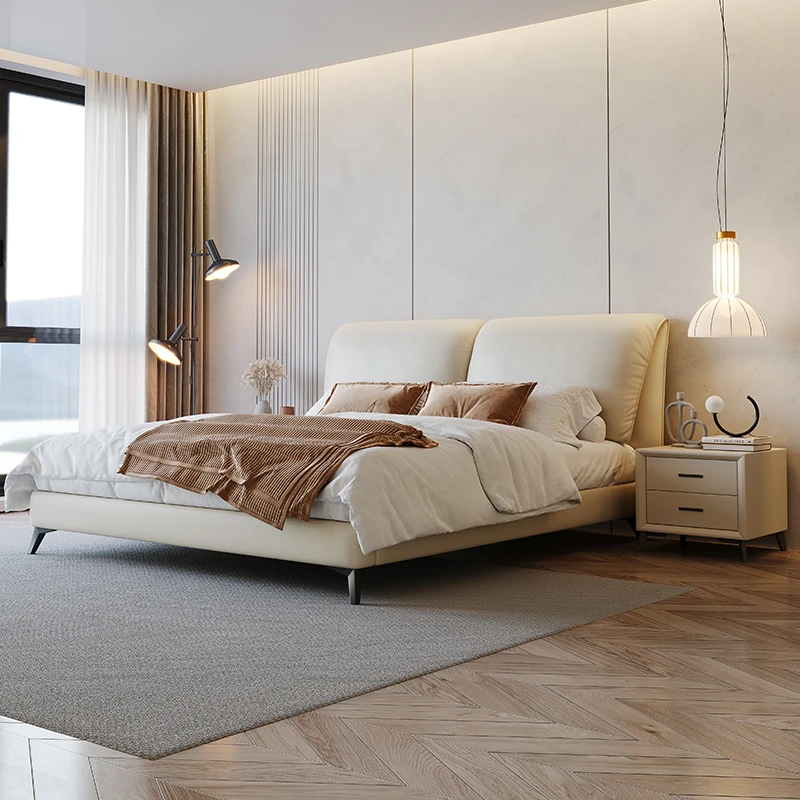 意式极简储物主卧双人婚床大师设计方形磨砂布艺床高箱大床主卧室