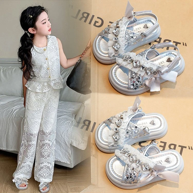 女童时尚爆款水钻亮片公主鞋2024夏季新款银色中大童沙滩鞋水晶鞋