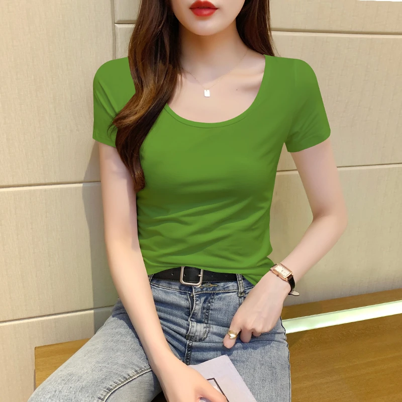 圆领短袖t恤女2025新夏季低领修身半袖大领口多巴胺纯色上衣ins潮