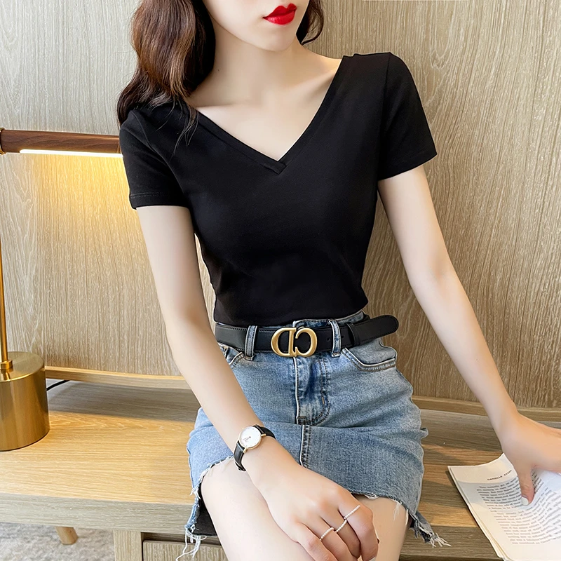 双V领短袖t恤女2025新款夏季通勤风半袖低领露背紧身显瘦洋气上衣