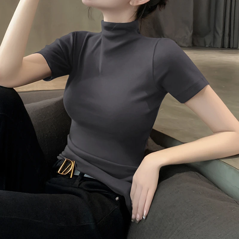 螺纹半高领短袖t恤女2025夏季修身显瘦高档洋气百搭紧身上衣ins潮