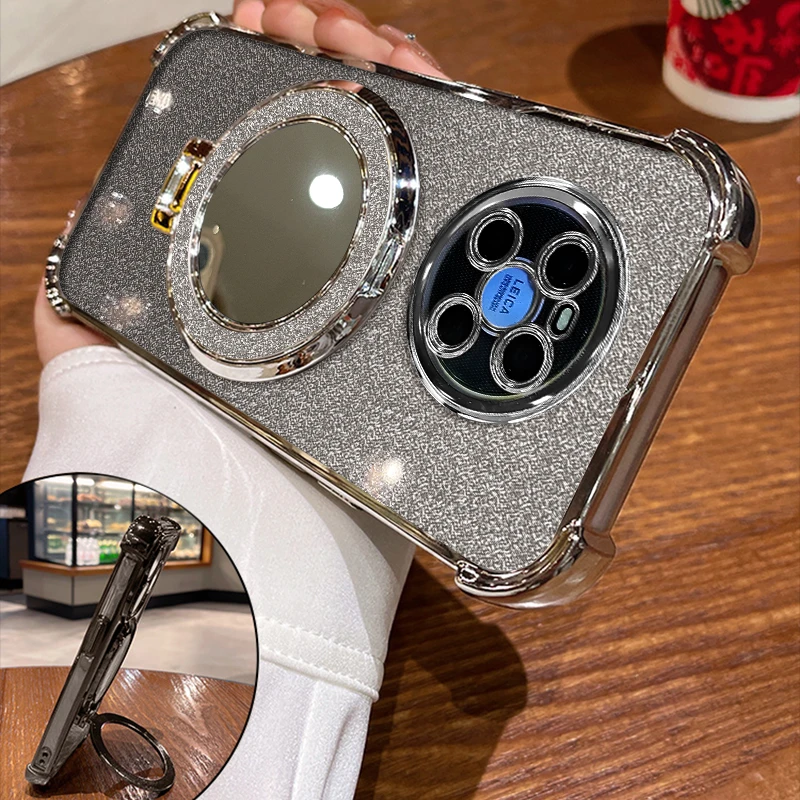 适用华为mate40pro电镀四角防摔细闪镜子支架手机壳女