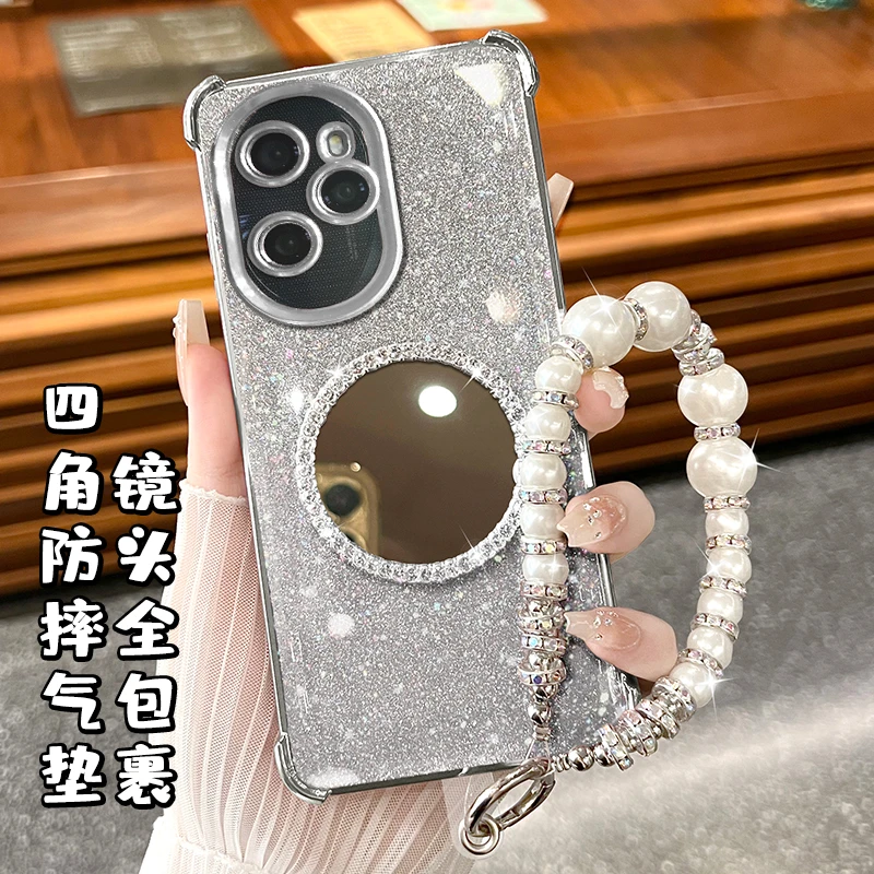 适用荣耀100pro电镀四角防摔高级感钻闪镜子手机壳全