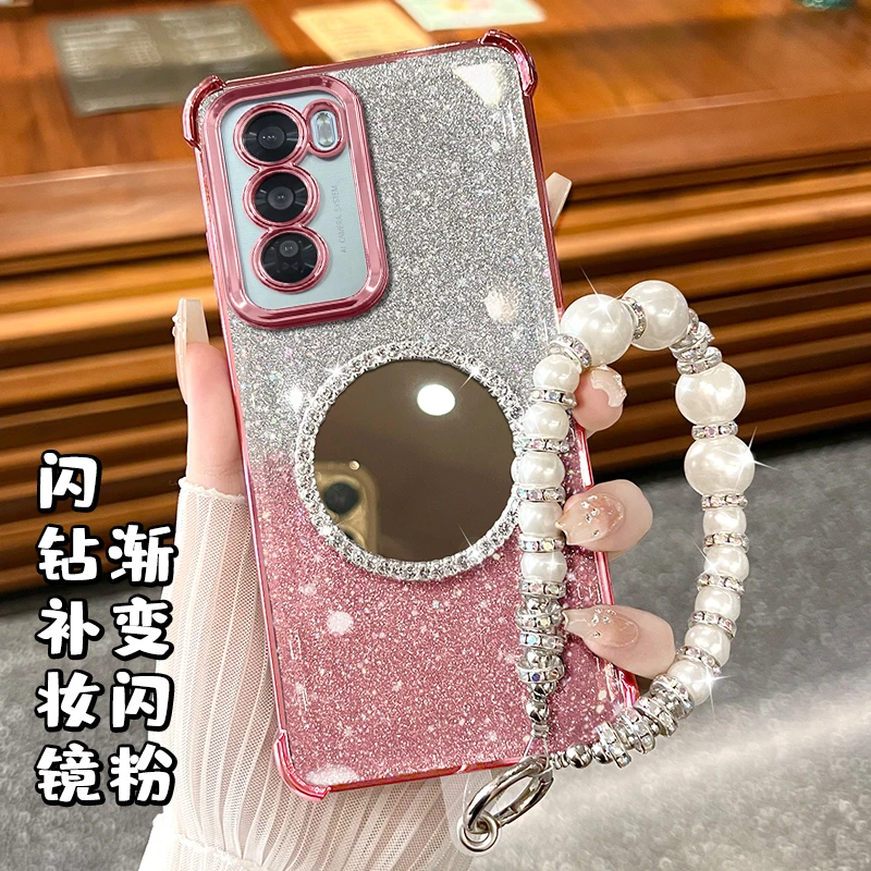 适用OPPOreno12电镀四角防摔高级感钻闪镜子手机壳全