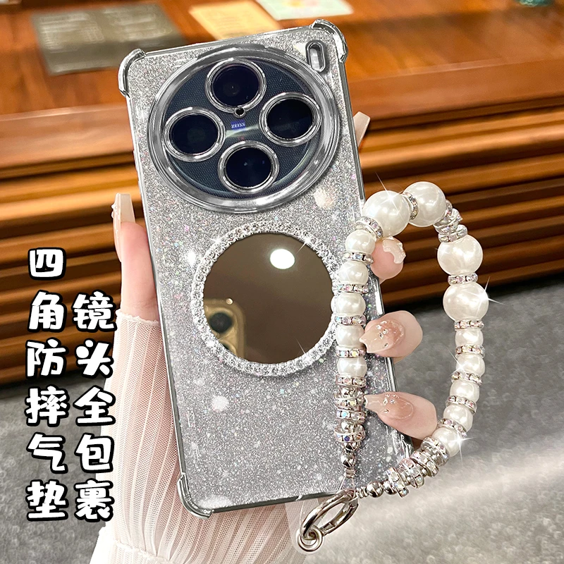 适用VIVOx100pro电镀四角防摔高级感钻闪镜子手机壳