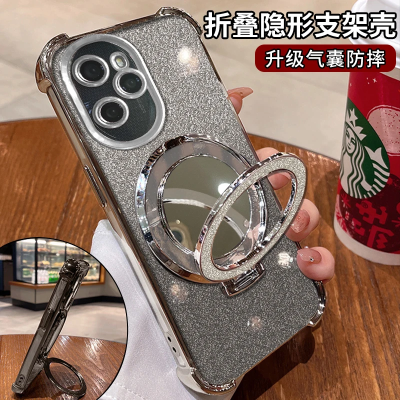 适用荣耀100pro电镀四角防摔细闪镜子支架手机壳女