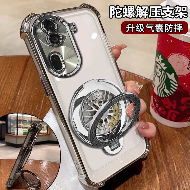 适用opporeno11电镀四角防摔解压旋转陀螺支架手机壳