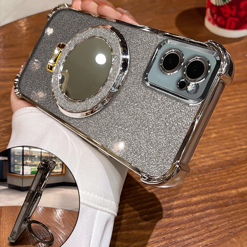 适用opporeno7电镀四角防摔细闪镜子支架手机壳女