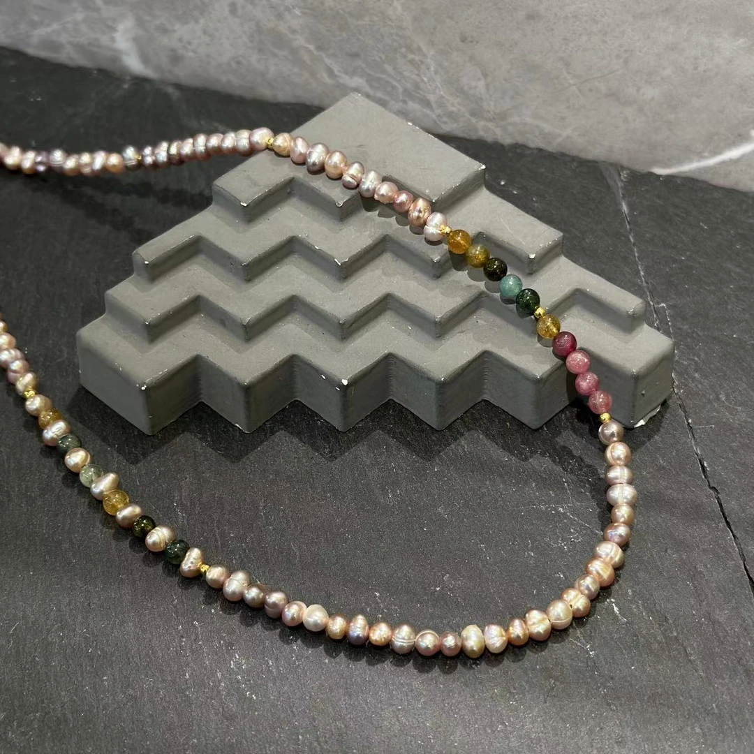 链子925银仿珍珠 不规则大自然深海珠珠搭配彩石项链  JN59103