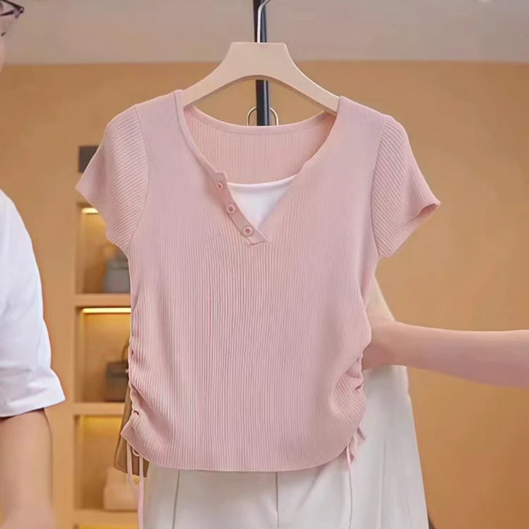 假两件时尚针织衫女2024年夏季新款褶皱收腰显瘦百搭舒适短袖上衣