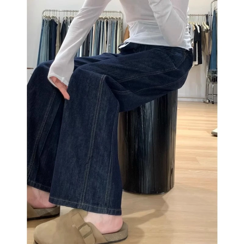 丹尼蓝直筒牛仔裤女秋季新款胖mm梨形身材高腰阔腿裤小个子拖地裤