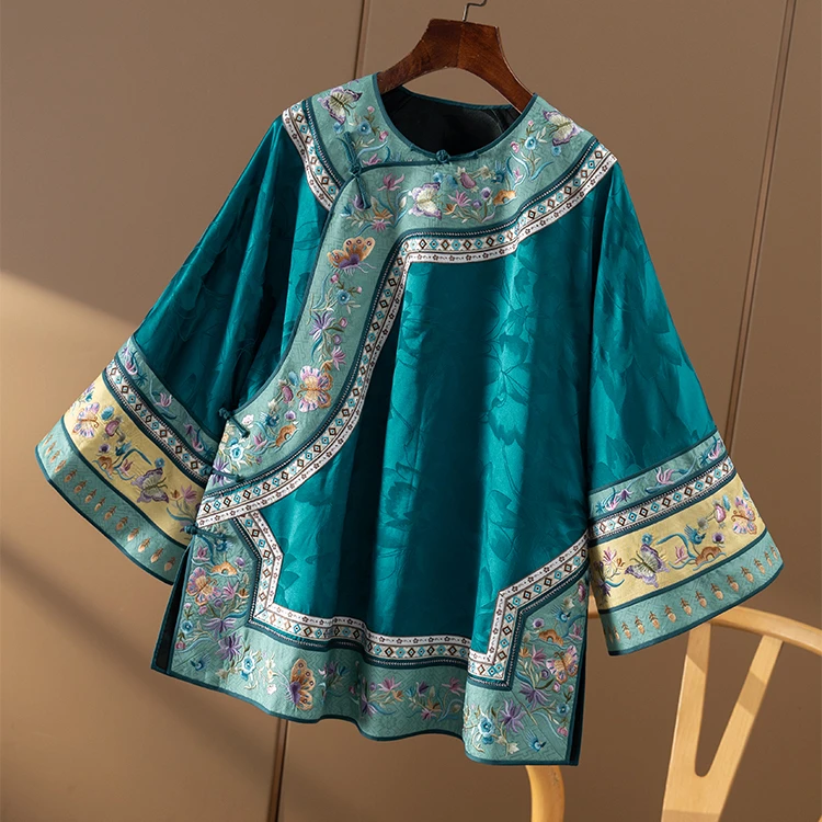 天宝蓝 鼎奢新中式圆领非遗苏绣真丝香云纱长袖外套女春天家8J10