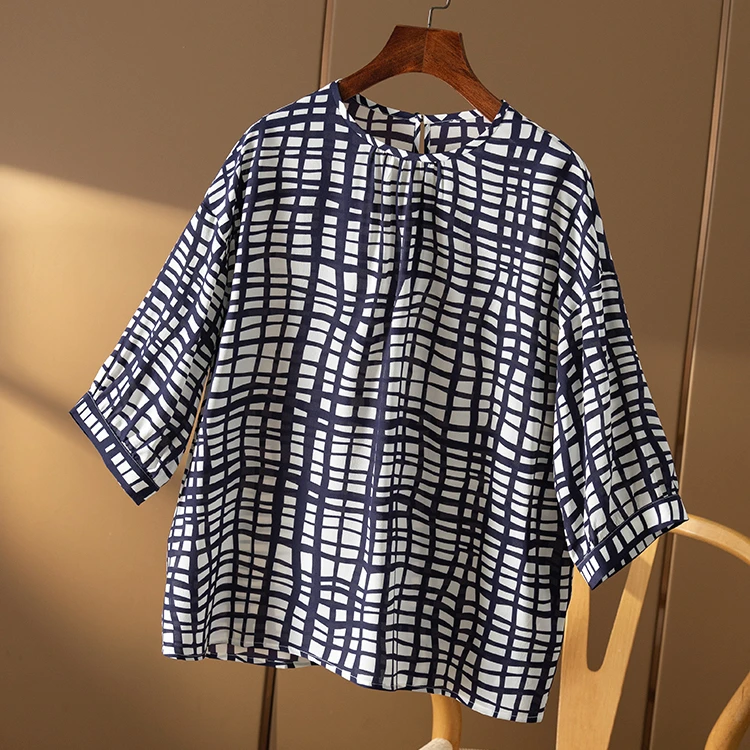大女主 法国藏青格子 不怕皱显瘦真丝圆领中袖衬衫春天家6R68